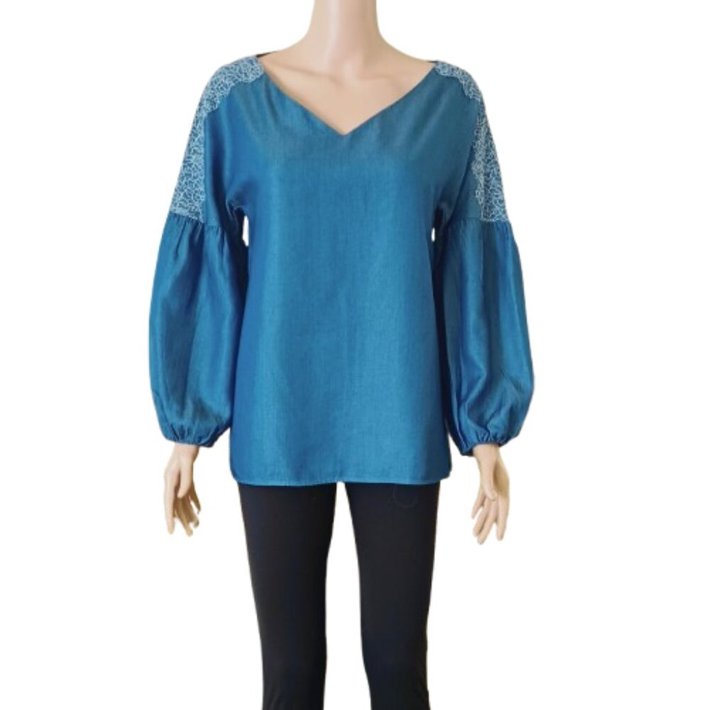 Massimo Dutti Blue Embroidered Top 8 Women's V Neck Spring Peasant Blouse